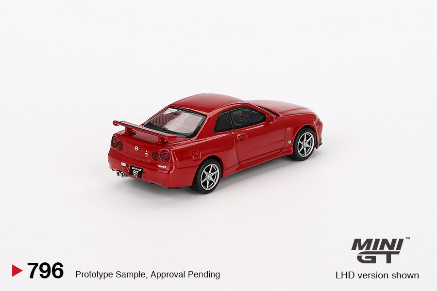 Macheta auto Nissan Skyline GT-R (R34) V-Spec Active Red, 1999 (RHD) 1:64 MIniGT