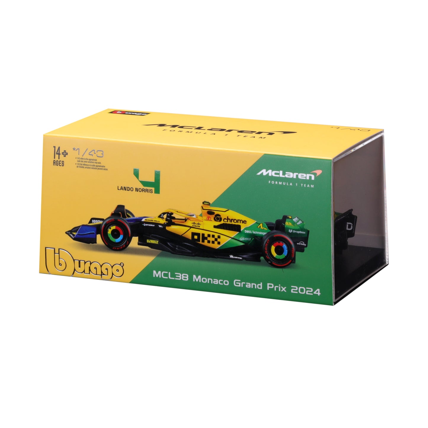 Model car Mclaren MCL 38 #4 LANDO NORRIS 4th MONACO GP - SENNA 30th ANNIVERSARY LIVERY 2024 1:43 Bburago