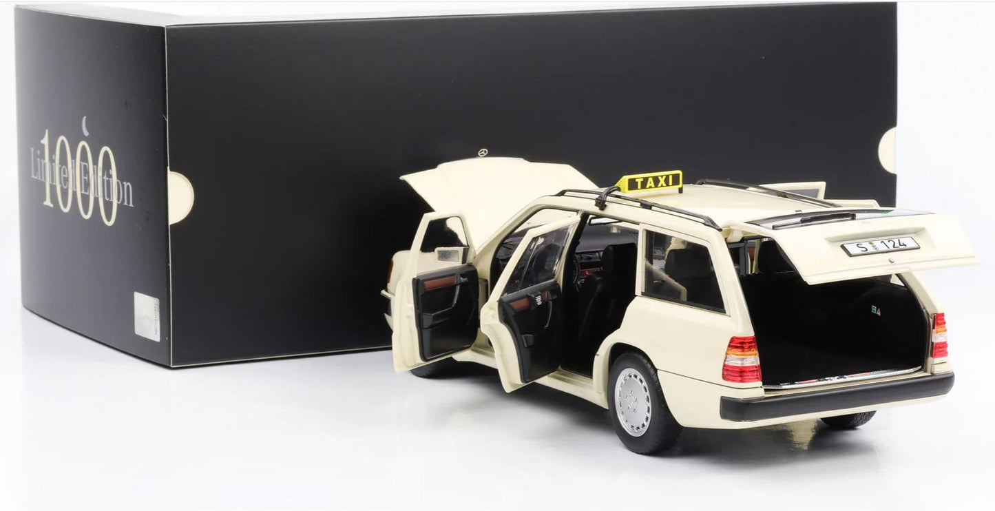 Macheta auto Mercedes 300D T-Model (S124) taxi (D) (1989) 1:18 Norev Dealer Edition