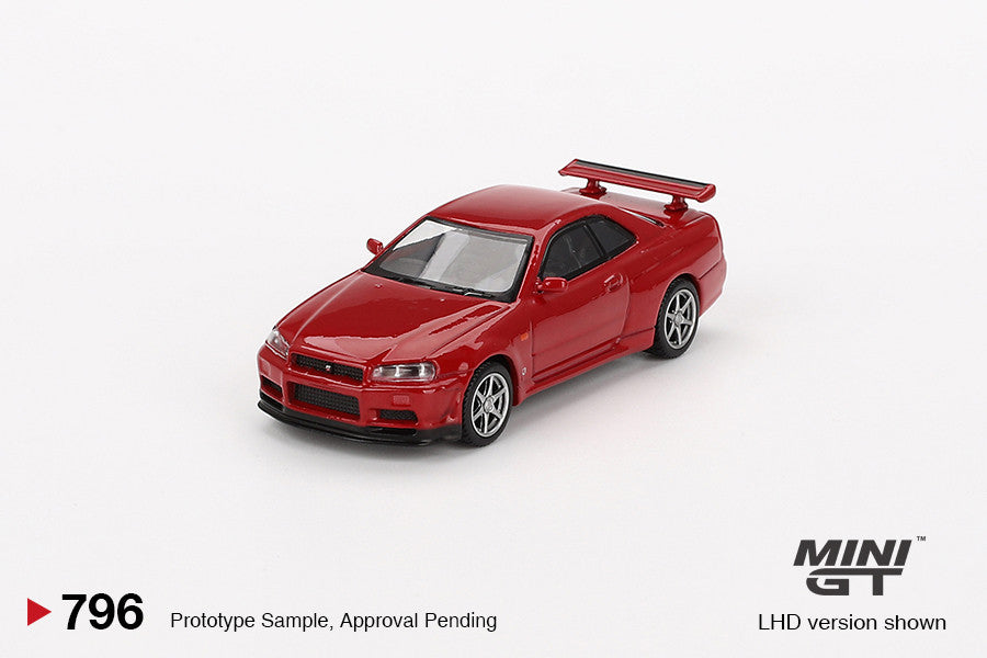 Macheta auto Nissan Skyline GT-R (R34) V-Spec Active Red, 1999 (RHD) 1:64 MIniGT