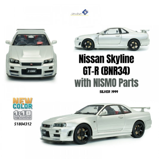 *Precomanda Macheta auto Nissan Skyline GT-R (BNR34) w Nismo Parts Silver 1999 1:18 Solido