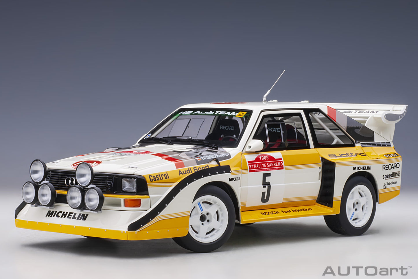 Macheta auto Audi Sport Quattro S1 Rally San Remo 1985 #5 W. Röhrl/C. Geistdörfer 1:18 AutoArt