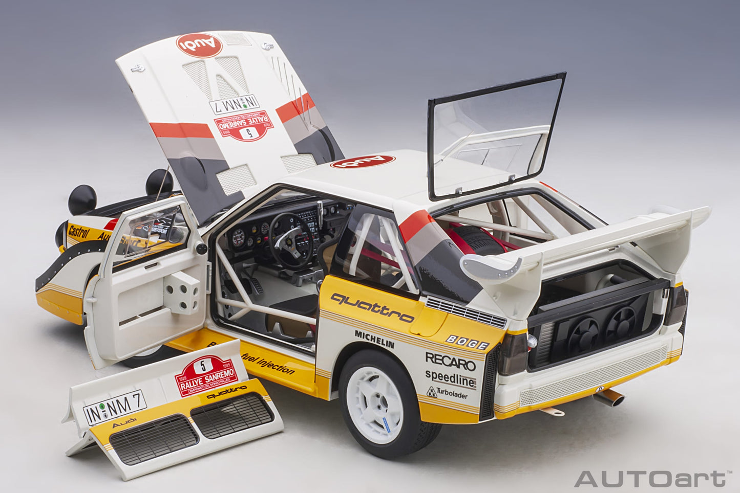 Macheta auto Audi Sport Quattro S1 Rally San Remo 1985 #5 W. Röhrl/C. Geistdörfer 1:18 AutoArt