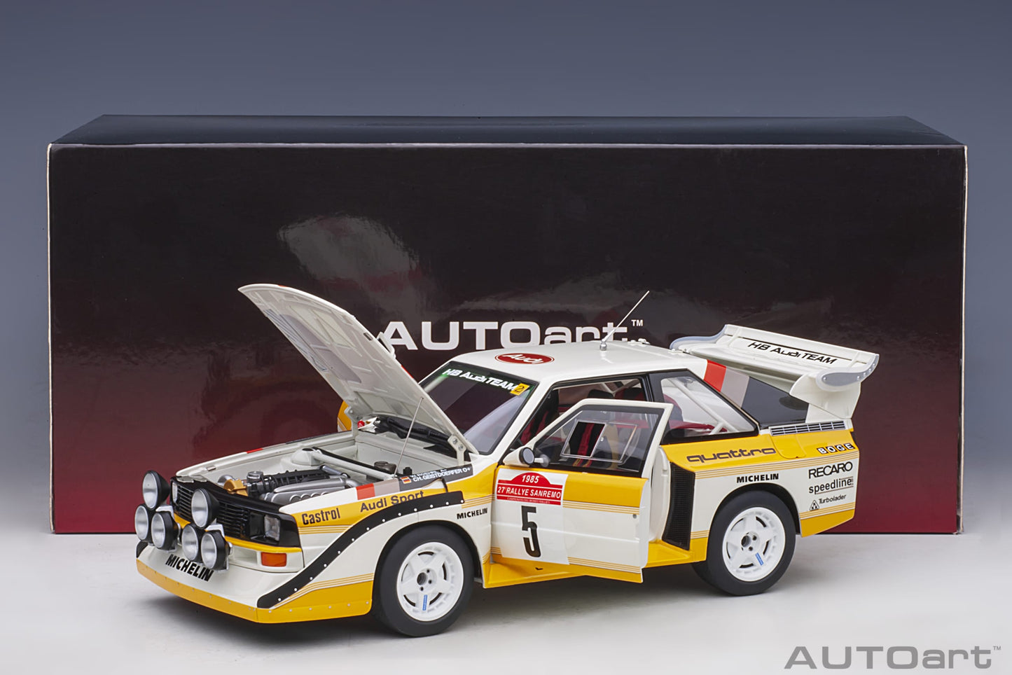 Macheta auto Audi Sport Quattro S1 Rally San Remo 1985 #5 W. Röhrl/C. Geistdörfer 1:18 AutoArt