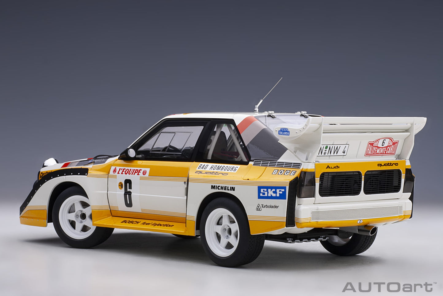 Macheta auto Audi Sport Quattro S1 Rally Monte Carlo 1986 #6 H.Mikkola/A.Hertz 1:18 AutoArt