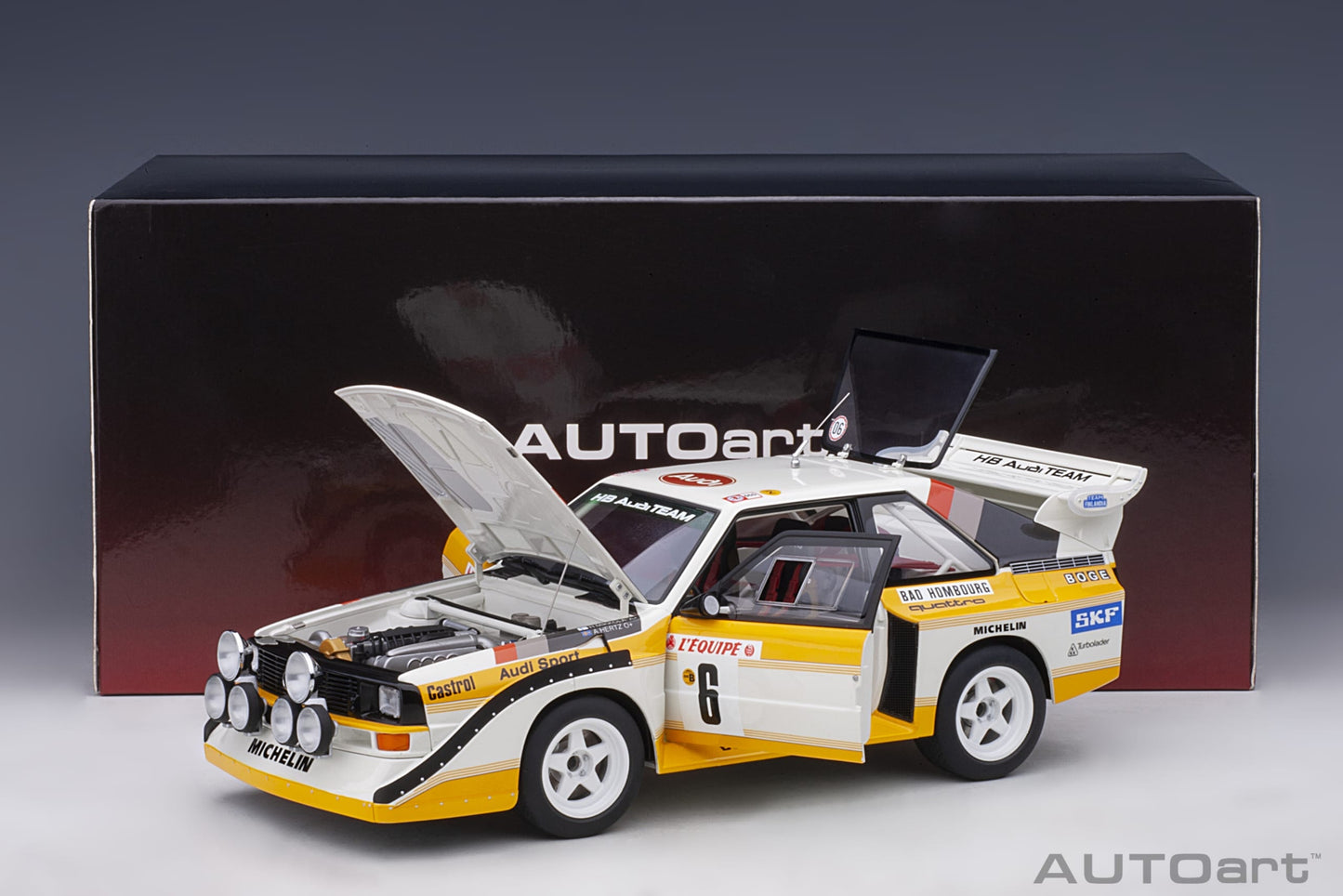 Macheta auto Audi Sport Quattro S1 Rally Monte Carlo 1986 #6 H.Mikkola/A.Hertz 1:18 AutoArt