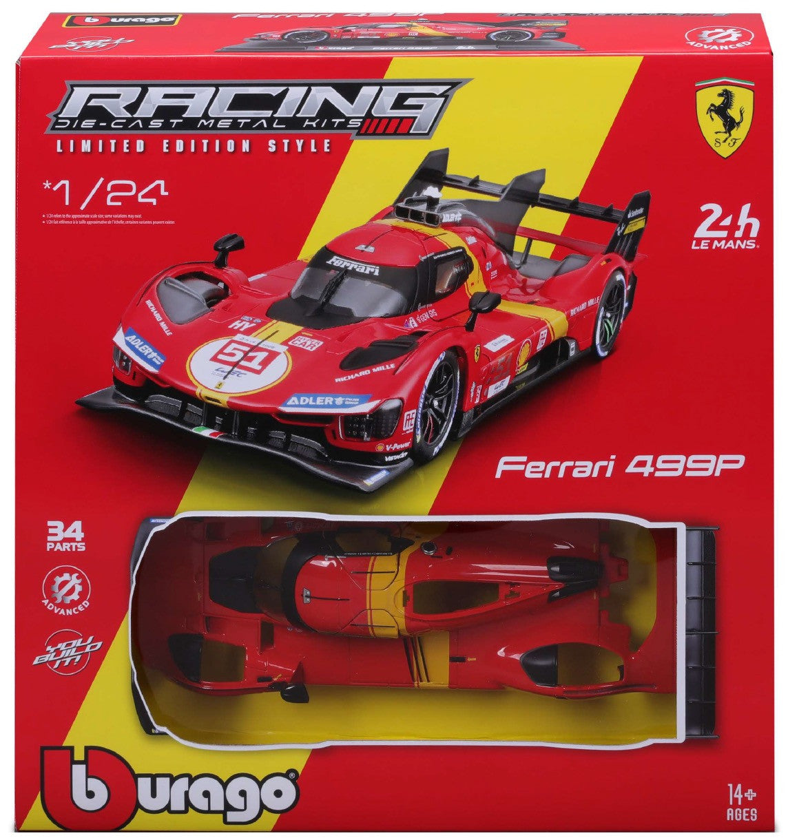 Macheta auto Ferrari 499P #51 CALADO/GIOVINAZZI/PIER GUIDI WINNER 24H LE MANS 2023 KIT 1:24 Bburago