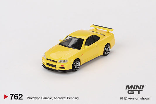 Macheta auto Nissan Skyline GT-R (R34) V-Spec Lightning Yellow, 1999 (RHD) 1:64 MIniGT