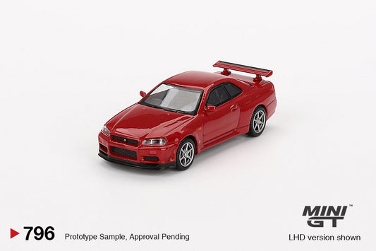 Macheta auto Nissan Skyline GT-R (R34) V-Spec Active Red, 1999 (RHD) 1:64 MIniGT