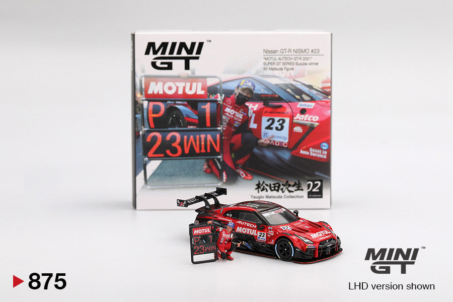 Macheta auto  Nissan GT-R (R35) NISMO #23 "MOTUL AUTECH GT-R 2021" SUPER GT SERIES Suzuka winner with Matsuda Figure Tsugio Matsuda Collection #2, 2021 (LHD 1:64 MIniGT
