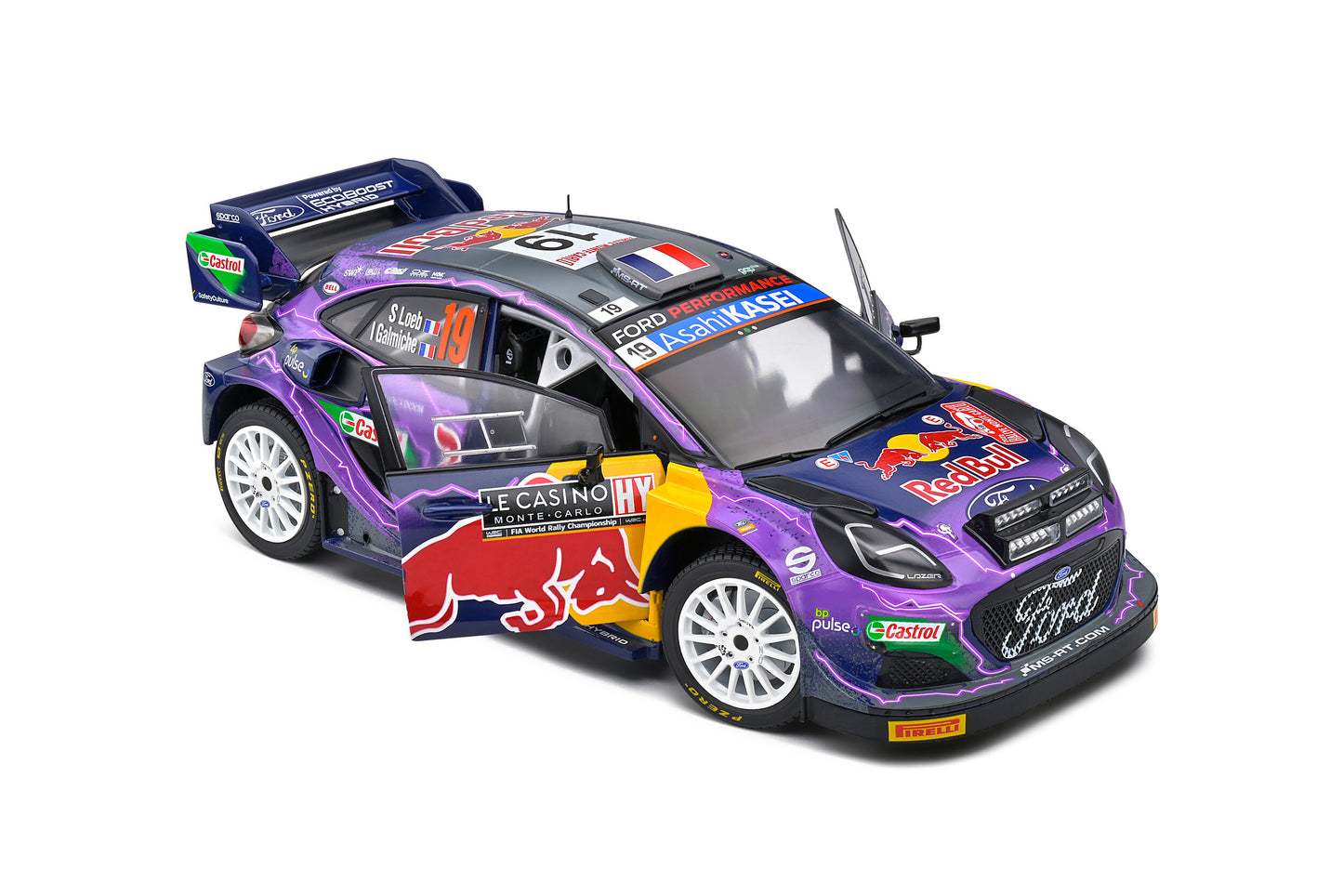 Macheta auto Ford Puma Rally1 Hybrid  Rallye Montecarlo  2022 – #19 S.Loeb / I.Galmiche 1:18 Solido