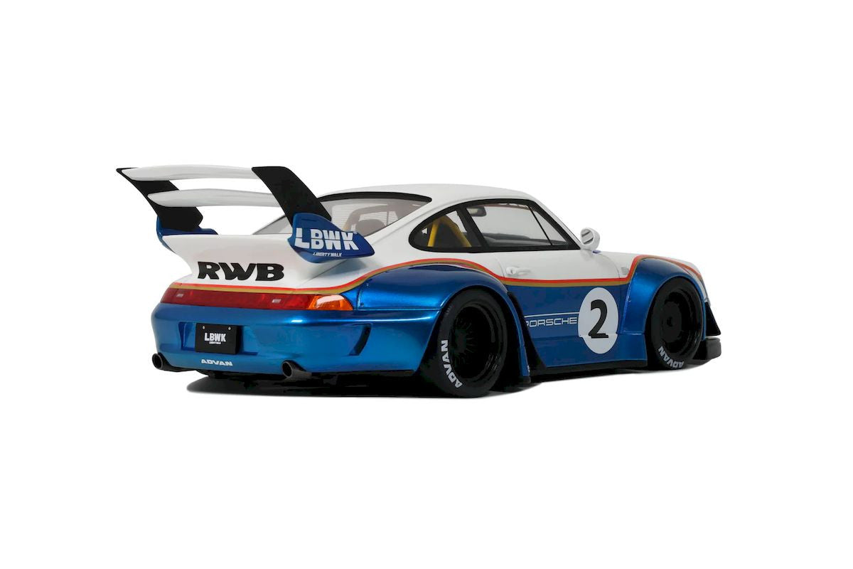 Model car Porsche 911 (993) RWB X Liberty Walk Rauh-Welt, #2 Racing, Blue/White, 2023 1:18 GT Spirit