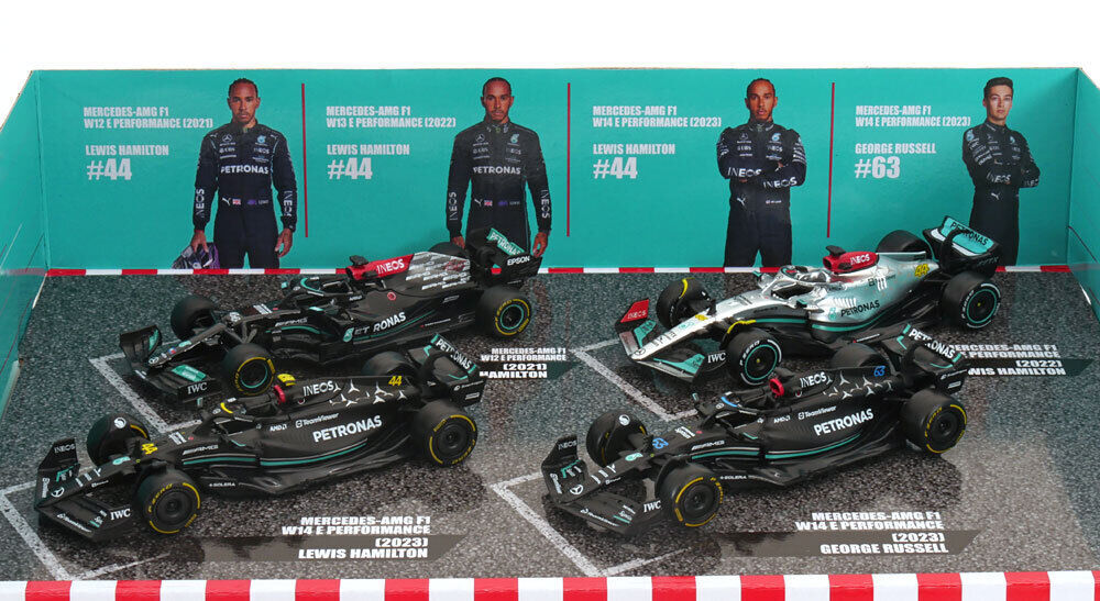 Macheta auto Mercedes Gp Set F1 4X W13 W14 2023 Hamilton Russel W13 1:43 Bburago